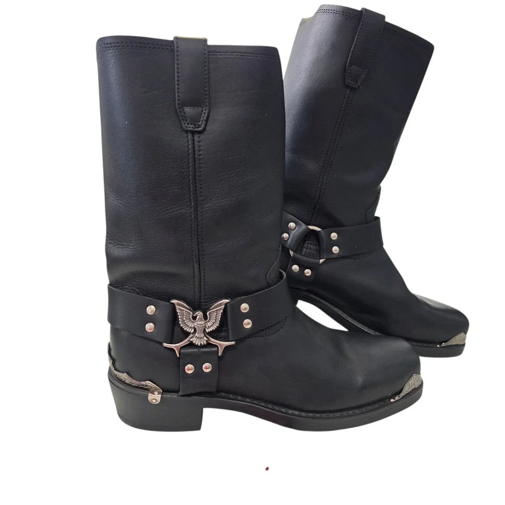 Dingo Mens DI19053 Black Leather Eagle Harness Biker Boots 11 EW Wide